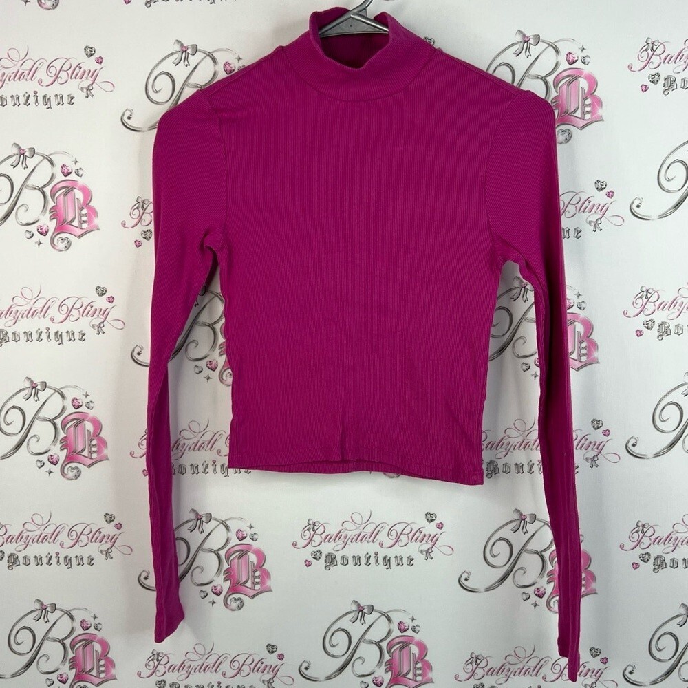 Aero turtleneck ribbed stretchy Vibrant Fuchsia Long Sleeve Top